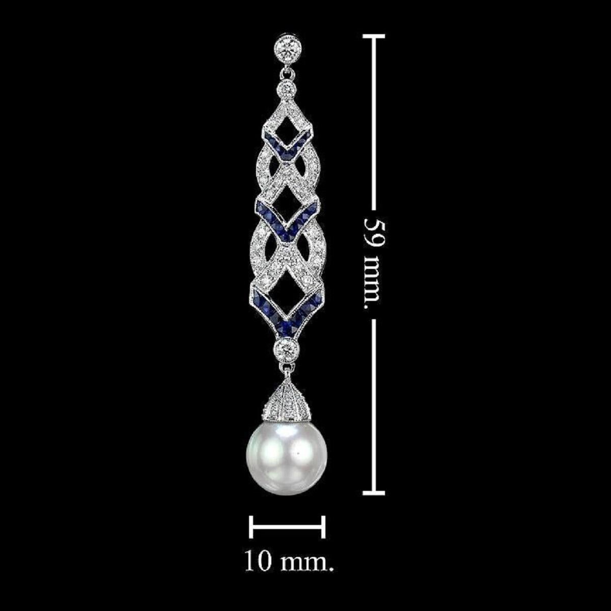 South Sea Pearl with Sapphire and Diamond Drop Earrings in 18K White Gold For Sale 3