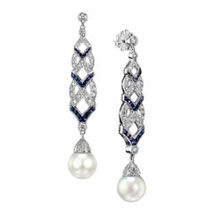 Retro South Sea Pearl with Sapphire and Diamond Drop Earrings in 18K White Gold