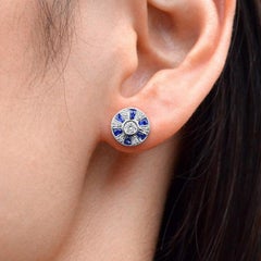 Nova Ferris Wheel French Cut Sapphire and Diamond Stud Earrings in 18K Gold