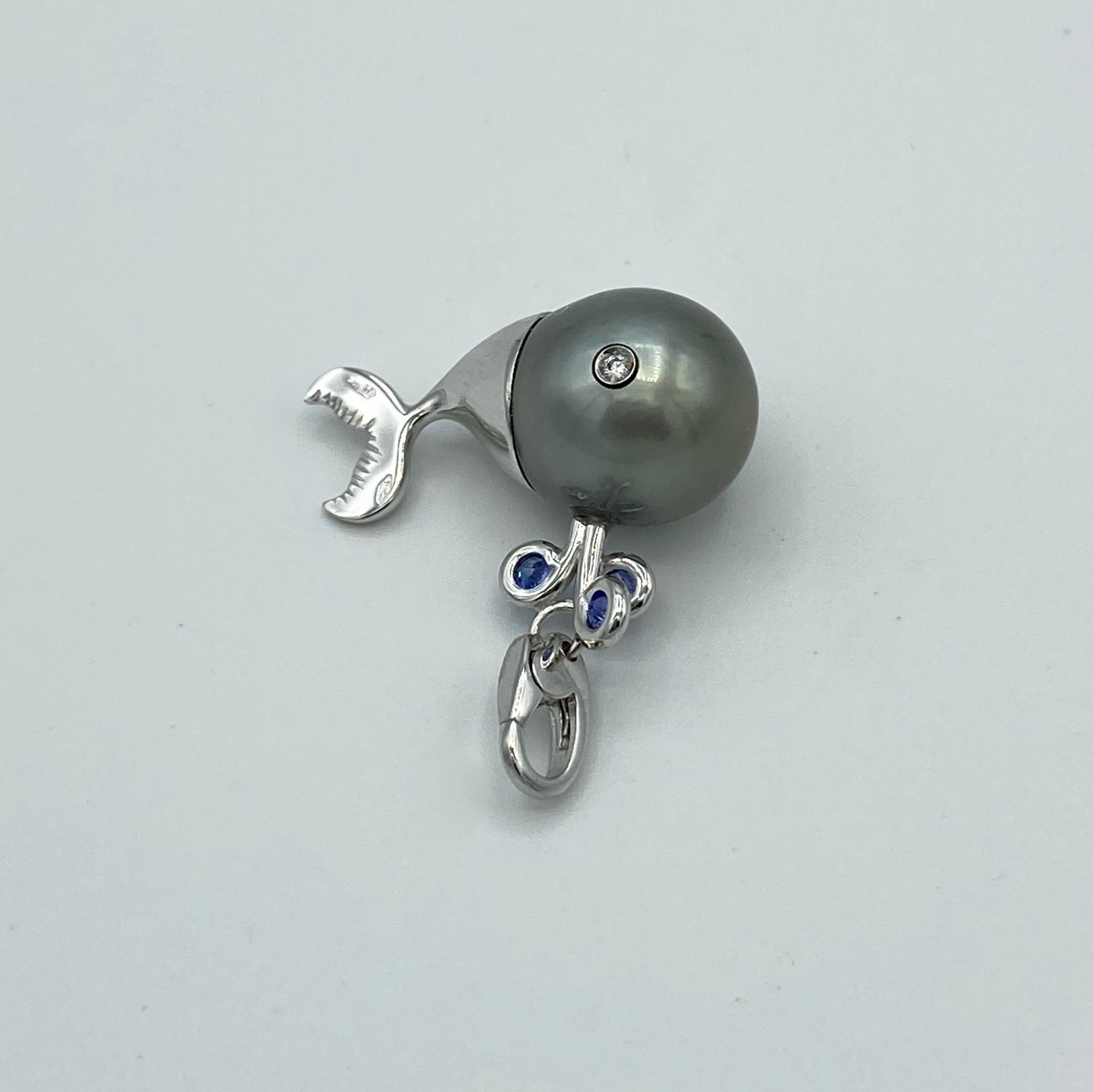 Diamond Blue Sapphire Tahiti Pearl 18 Kt Gold Whale Pendant/Necklace and Charm 5