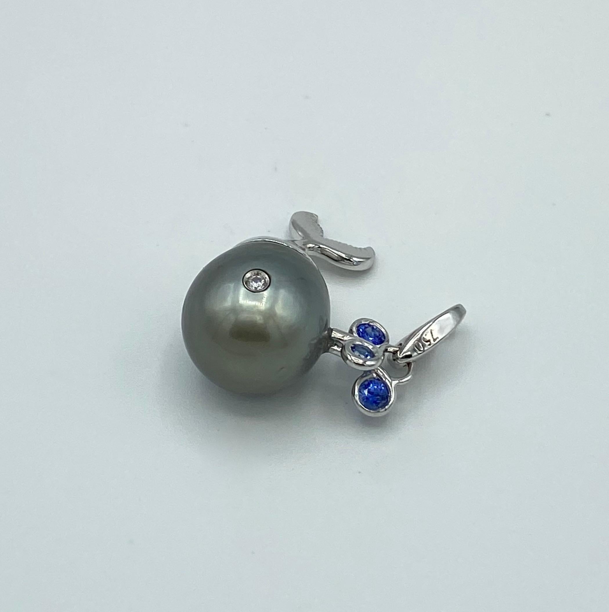 Round Cut Diamond Blue Sapphire Tahiti Pearl 18 Kt Gold Whale Pendant/Necklace and Charm