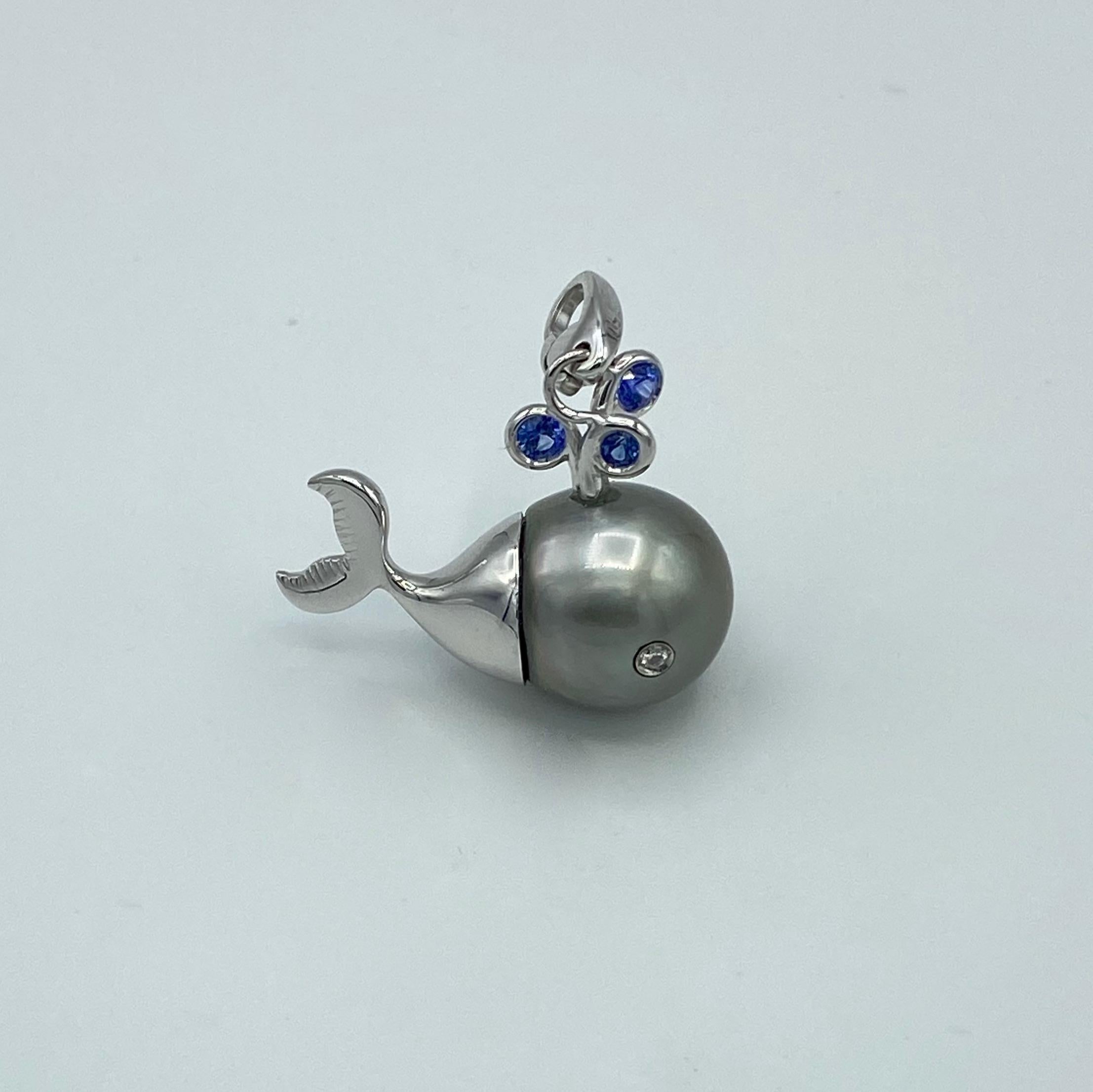 Diamond Blue Sapphire Tahiti Pearl 18 Kt Gold Whale Pendant/Necklace and Charm 1