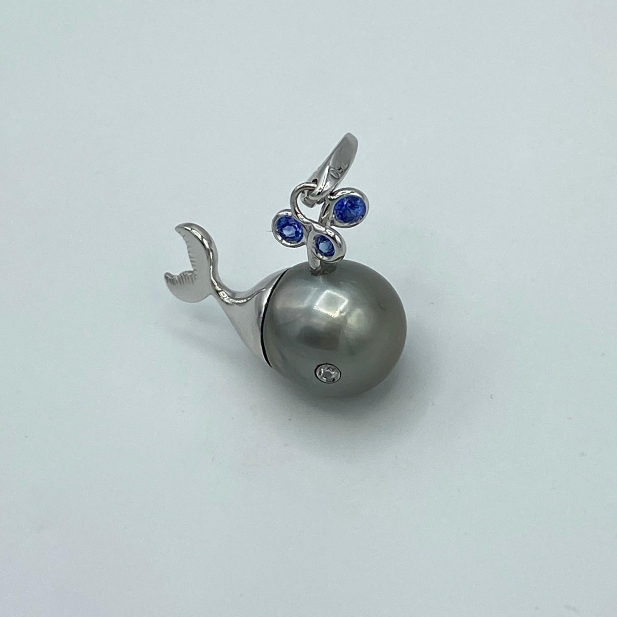 Diamond Blue Sapphire Tahiti Pearl 18 Kt Gold Whale Pendant/Necklace and Charm 2