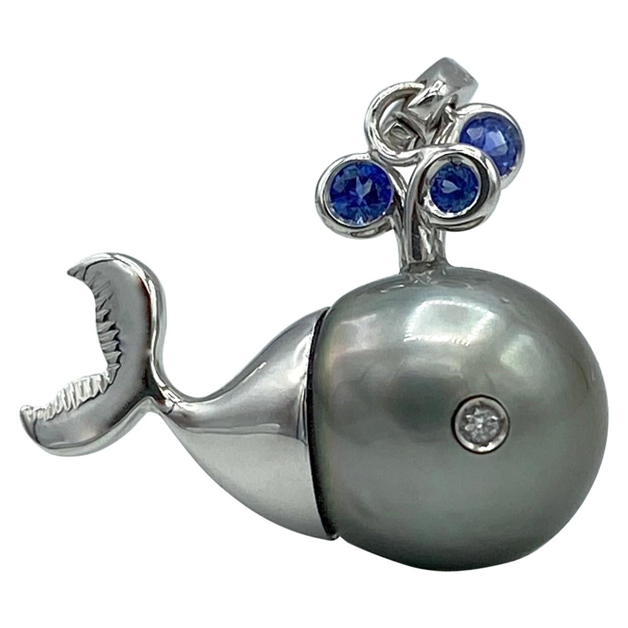 Diamond Blue Sapphire Tahiti Pearl 18 Kt Gold Whale Pendant/Necklace and Charm