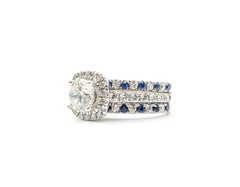 Set di tre anelli da sposa con diamanti e zaffiri blu in oro bianco 14k