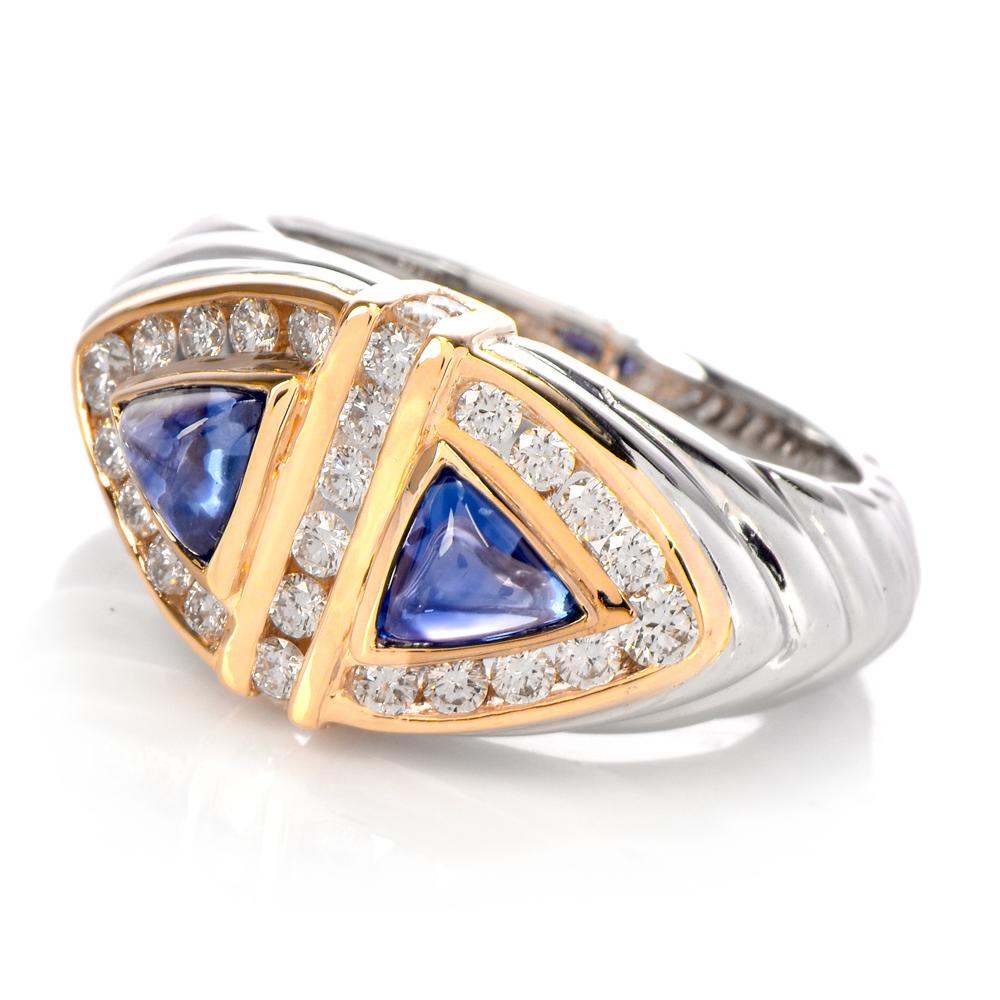Diamond Blue Sapphire Unisex Platinum Gold Ring In Excellent Condition In Miami, FL