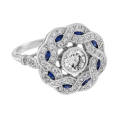 Diamond & Blue Sapphire Vintage Inspired Art Deco Style Curved Waves White Ring