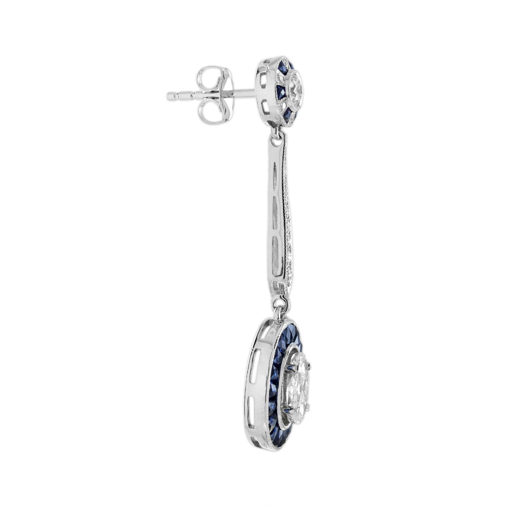 Pendientes de oro blanco con gota de diamantes y zafiro azul de inspiración vintage y estilo Art Déco Art Decó en venta