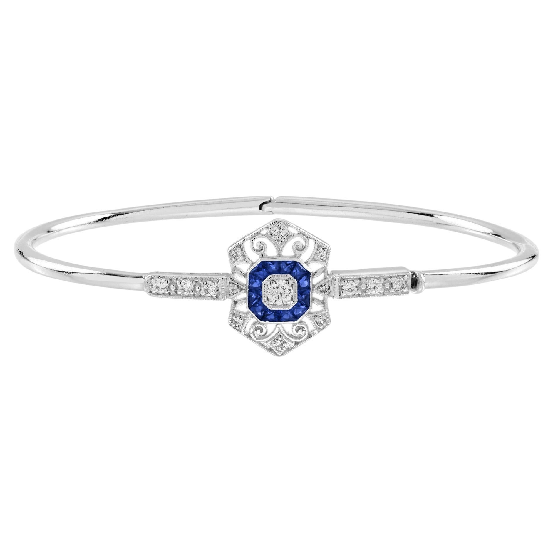 Diamond & Blue Sapphire Vintage Inspired Art Deco Style Openwork Bangle For Sale