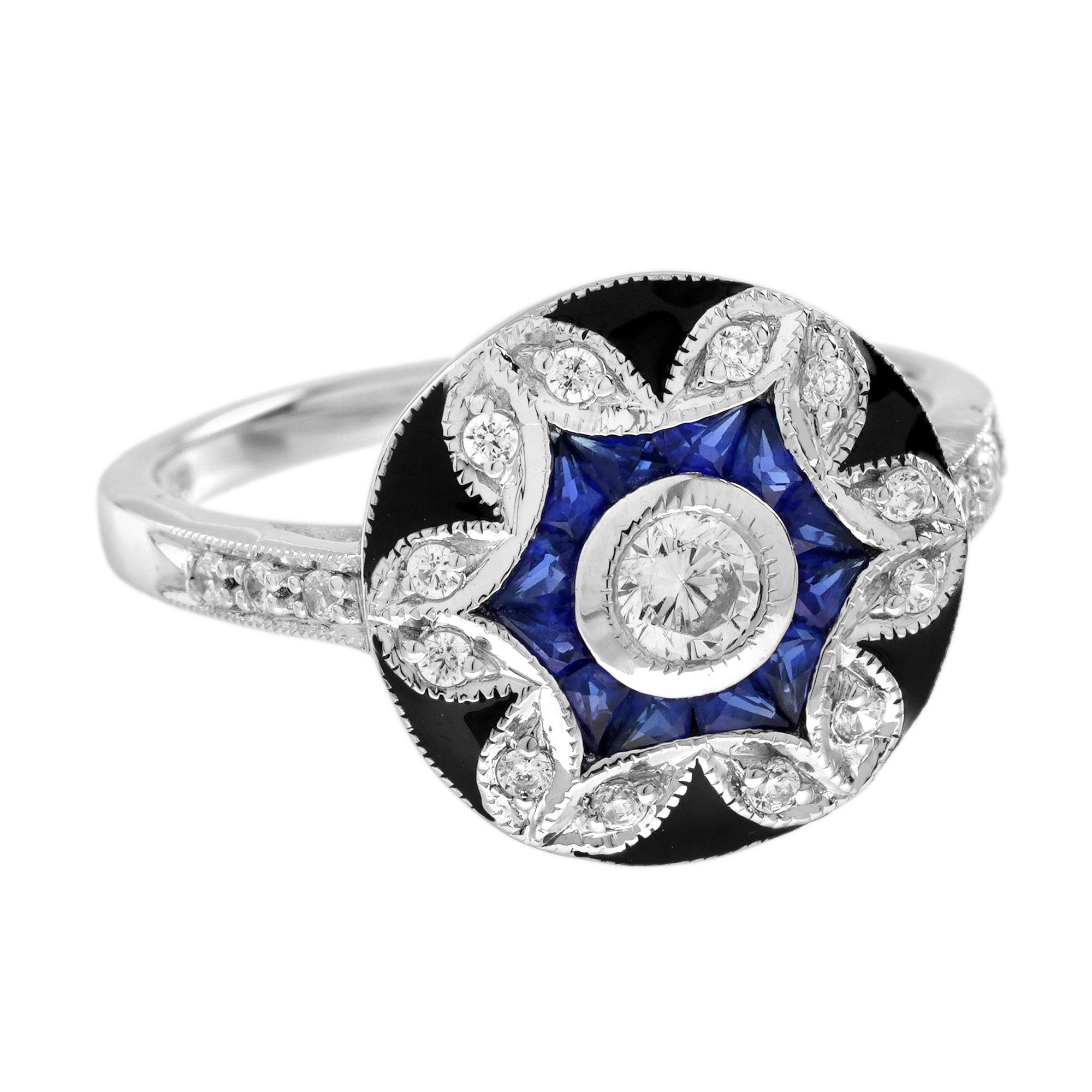 Lassen Sie sich vom Charme der Vintage-Eleganz verführen mit diesem diamantenen blauen Saphir-Halo-Ring im Vintage-Stil mit floralem Emaille-Effekt aus 18 Karat Weißgold. Mit einem atemberaubenden Diamanten in der Mitte, umgeben von einem Halo aus