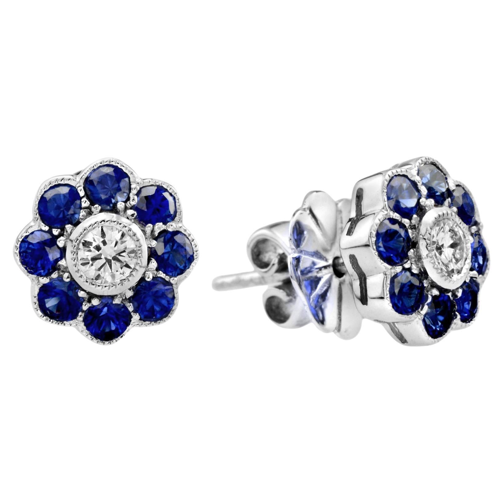 Diamond & Blue Sapphire Vintage Style Floral Flower 14K White Gold Stud Earrings