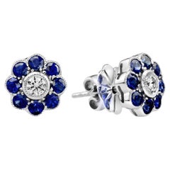 Diamond & Blue Sapphire Vintage Style Floral Flower 14K White Gold Stud Earrings