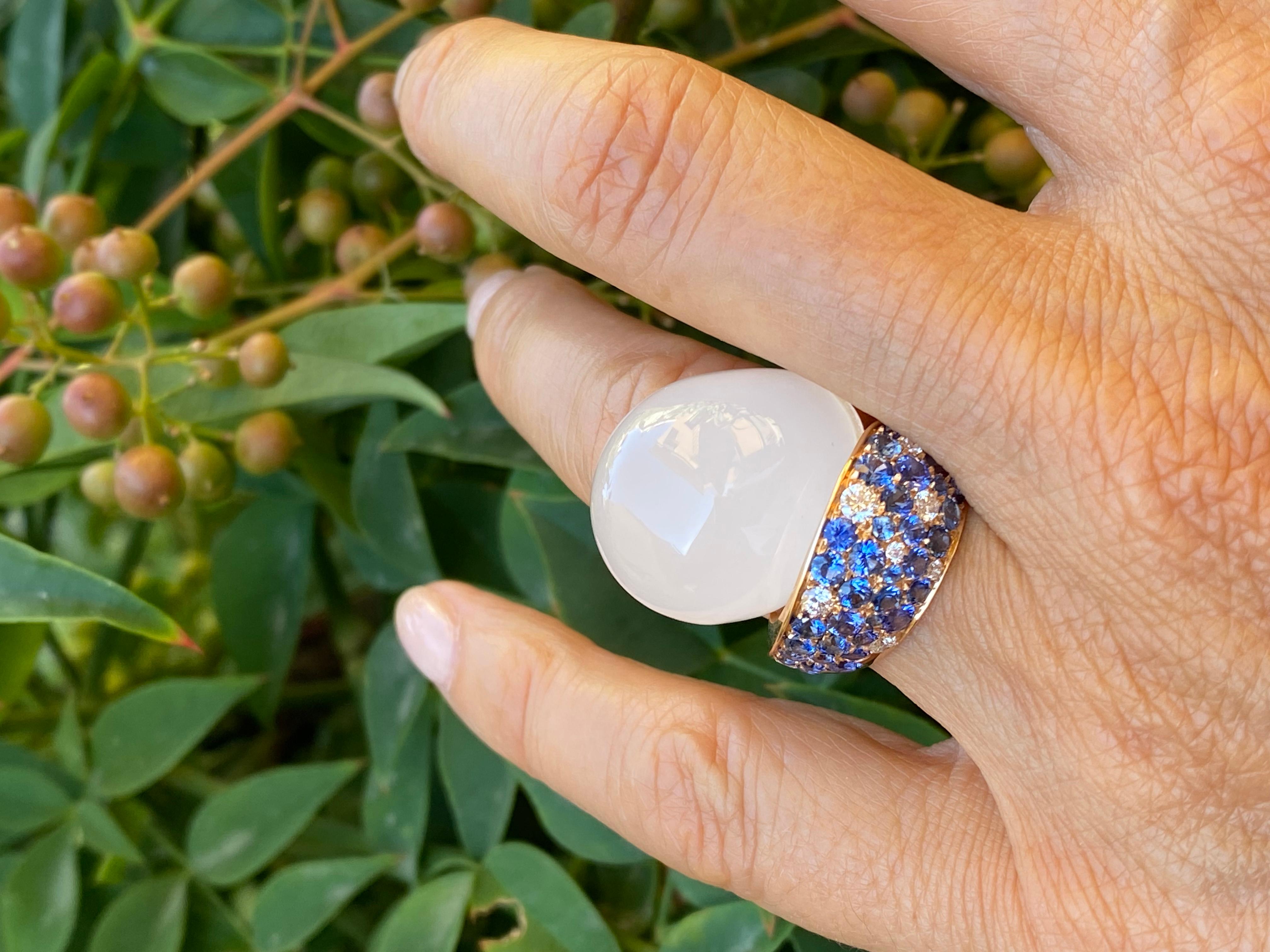 Diamond Blue Sapphire White Quartz 18 KT Rose Gold Made in Italy Moony Ring In New Condition For Sale In Valenza , IT