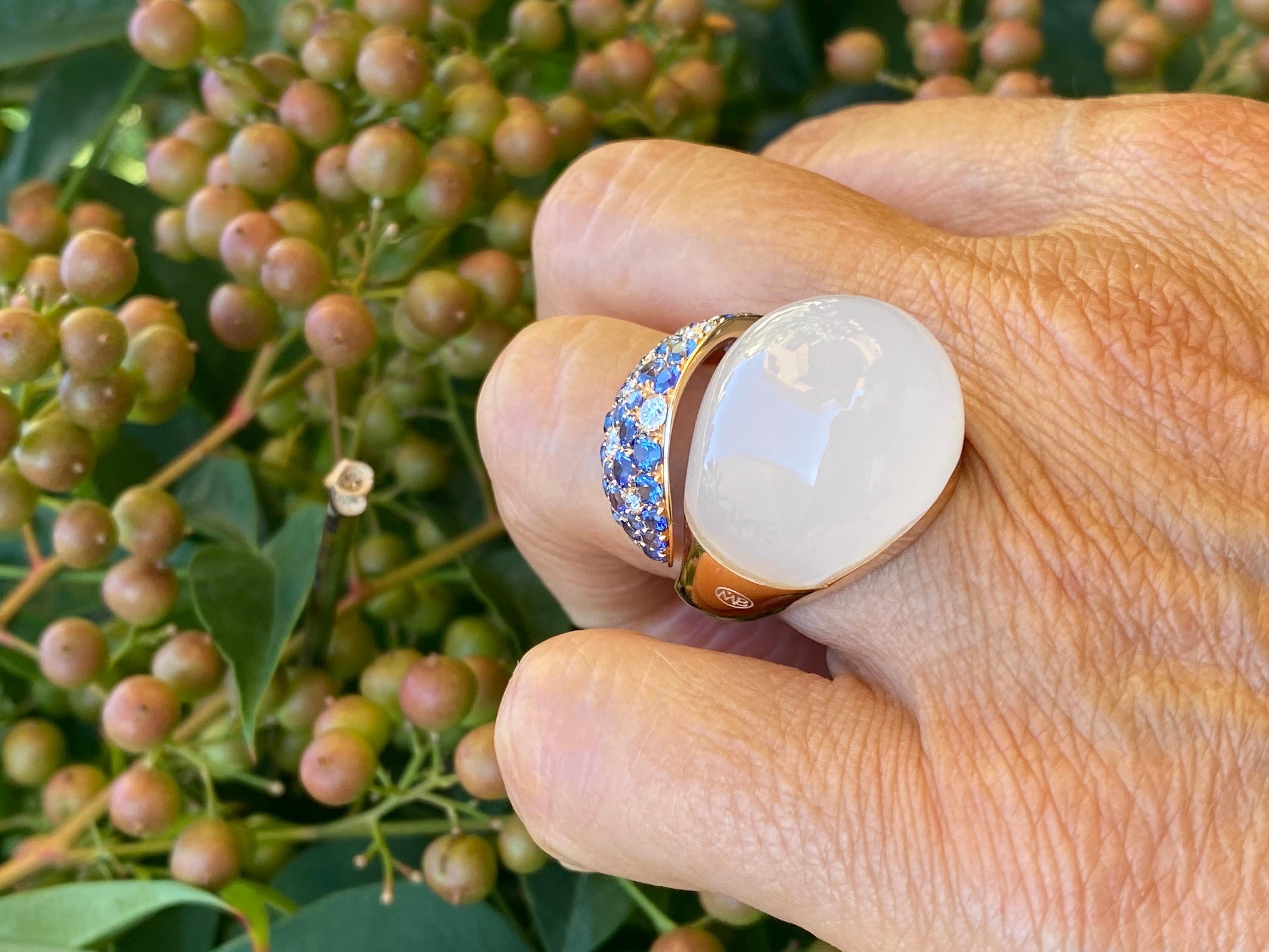 Women's Diamond Blue Sapphire White Quartz 18 KT Rose Gold Made in Italy Moony Ring For Sale
