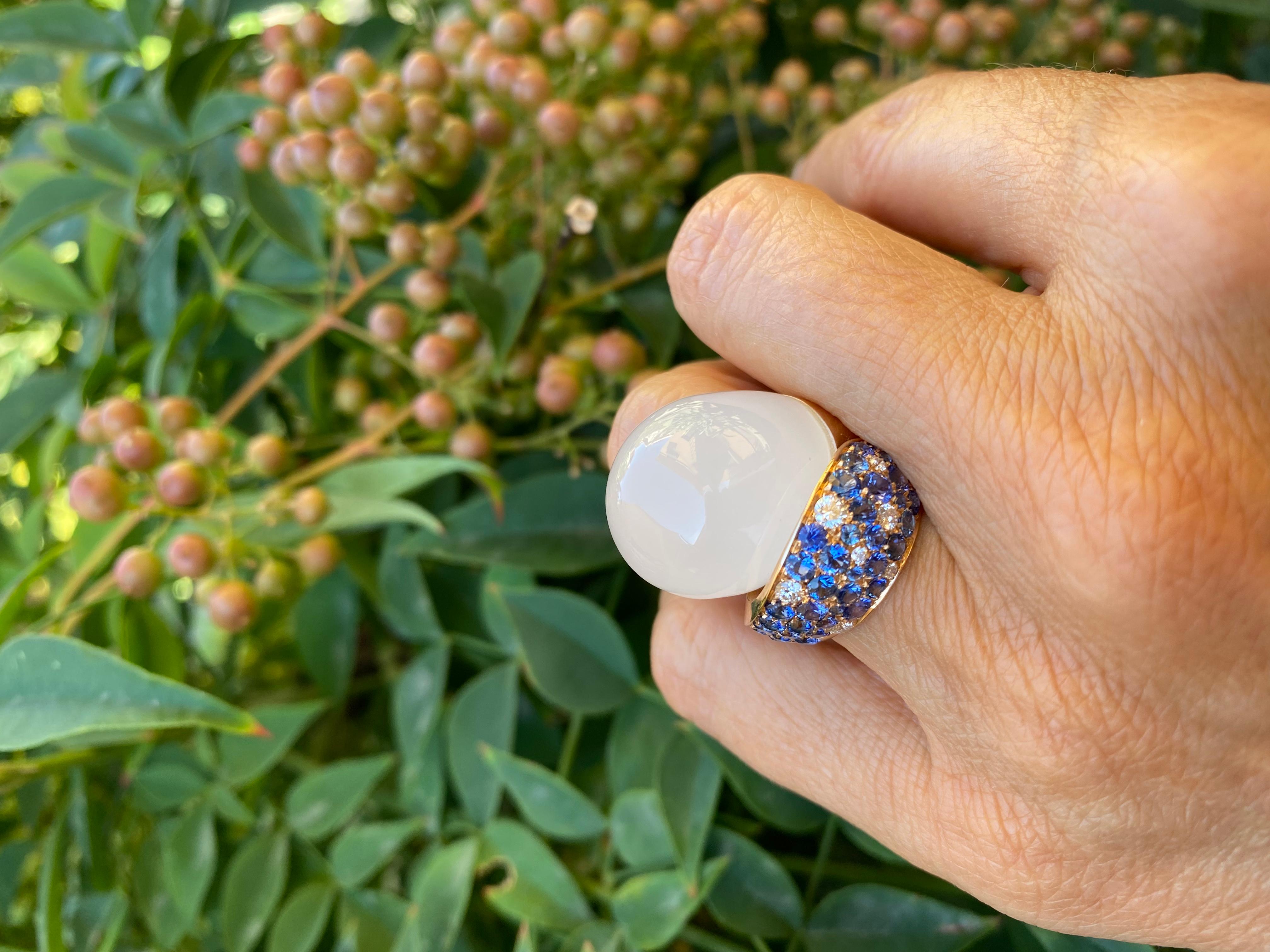 Diamond Blue Sapphire White Quartz 18 KT Rose Gold Made in Italy Moony Ring For Sale 1