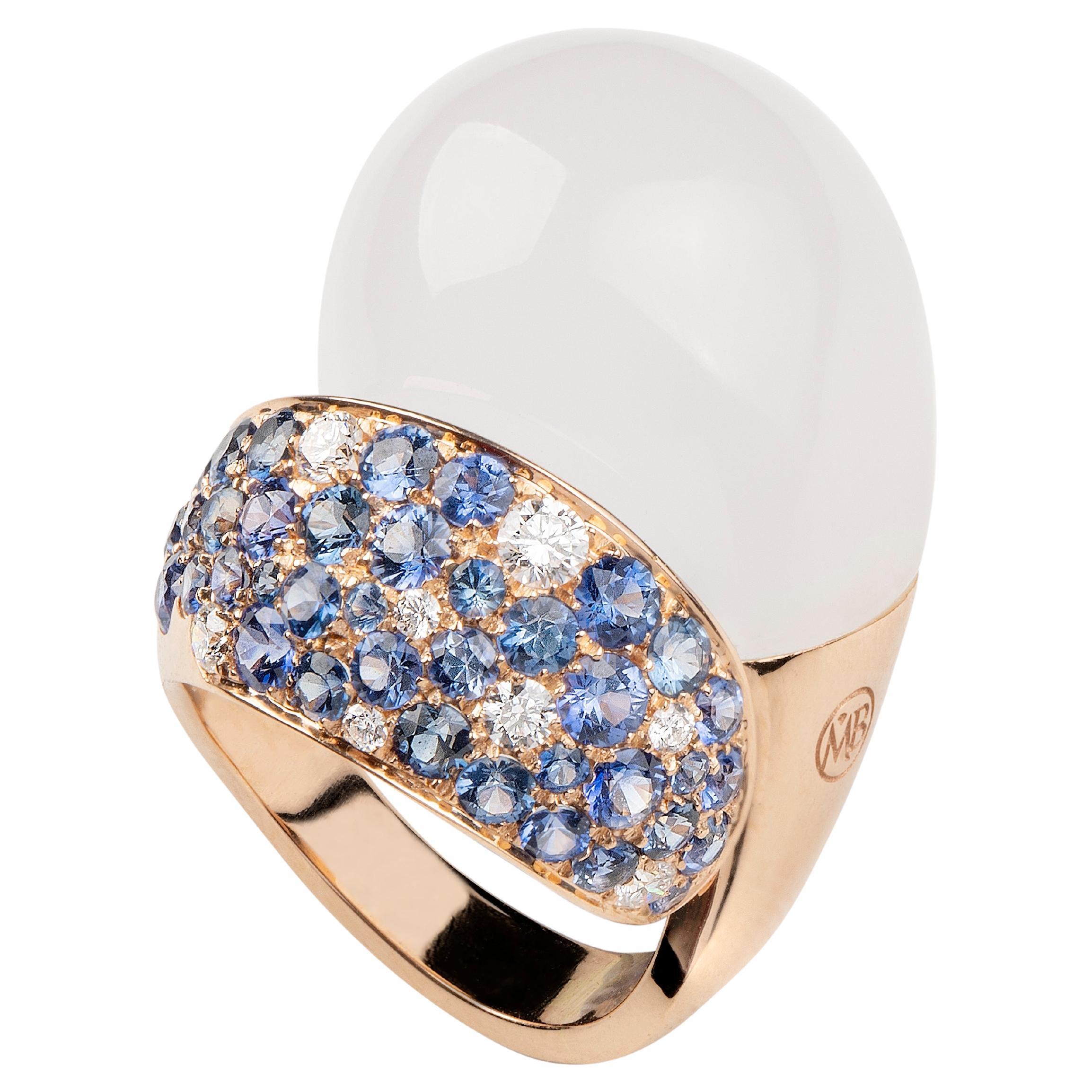 Diamond Blue Sapphire White Quartz 18 KT Rose Gold Made in Italy Moony Ring For Sale