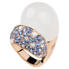 Diamond Blue Sapphire White Quartz 18 KT Rose Gold Made in Italy Moony Ring