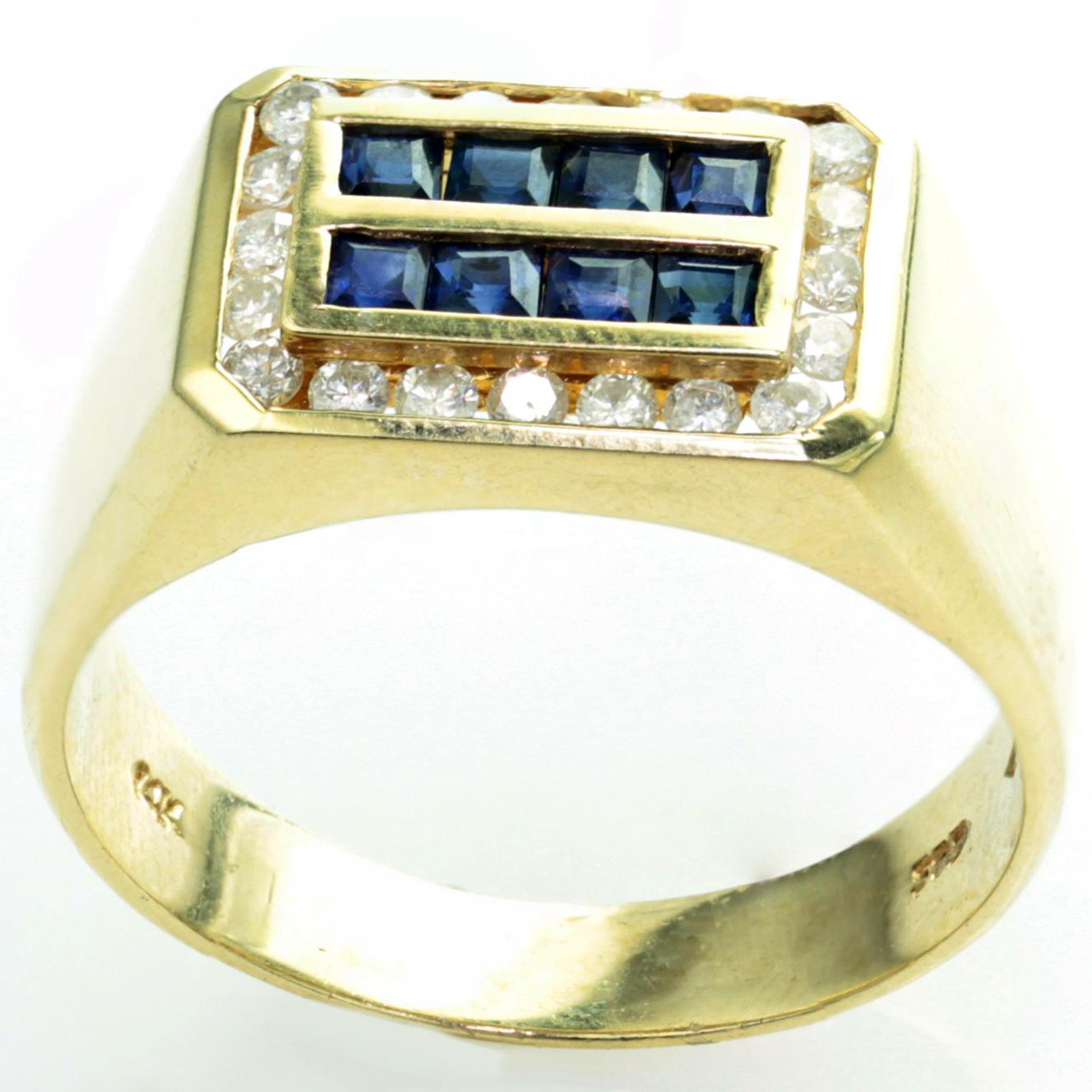 This elegant men's ring is made in 14k yellow gold and features 8 square channel-set sapphires surrounded by sparkling round diamonds. Circa 1980s. Measurements: 0.38