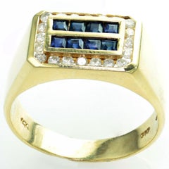 Diamond Blue Sapphire Yellow Gold Rectangular Men's Ring