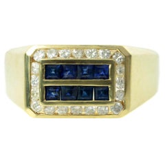 Diamond Blue Sapphire Yellow Gold Rectangular Men's Ring