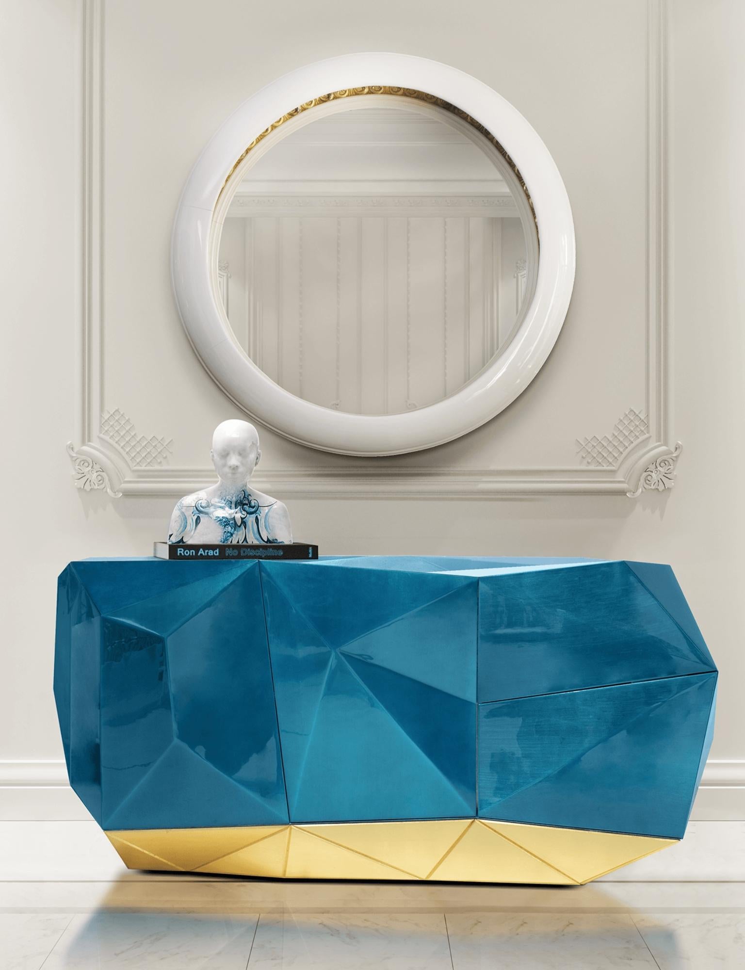 Diamant-Blaues Sideboard – handgefertigtes Holz und poliertes Goldmessing – Boca do Lobo (Blattgold) im Angebot