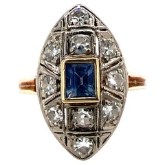 Diamond Blue Spinel Art Deco Style Navette Ring 14K Rose & White Gold