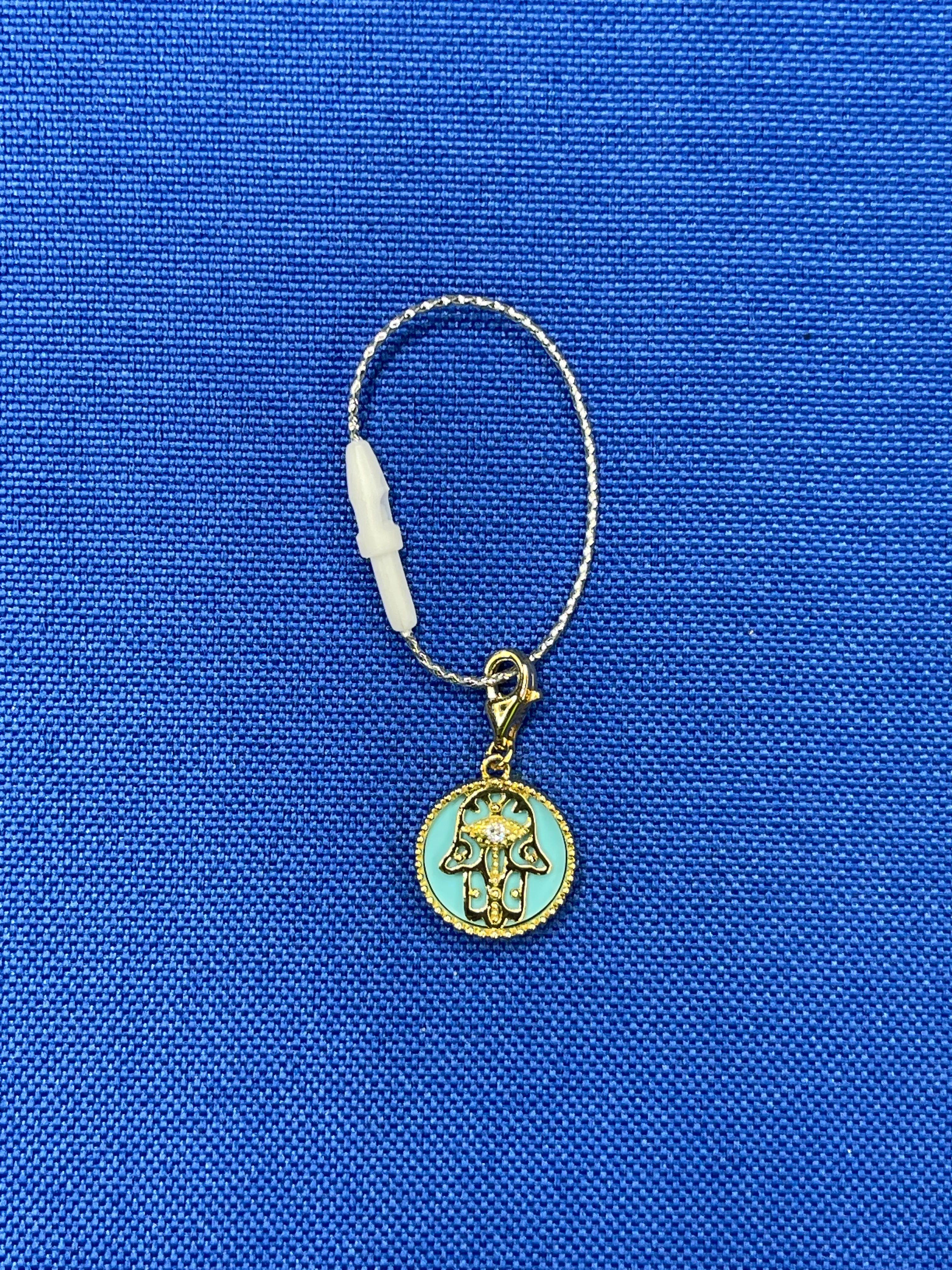 Modern Diamond Blue Teal Turquoise Hamsa Hand Palm 18 Karat Yellow Gold Medallion Charm