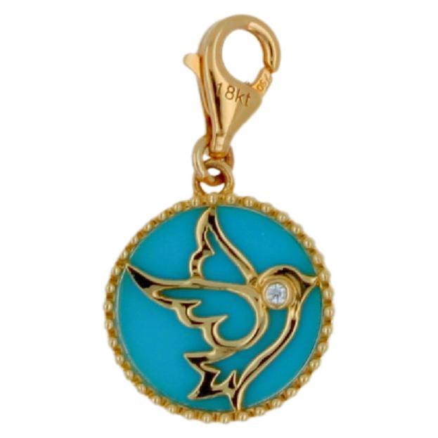 Diamond Blue Teal Turquoise Sky Dove Peace 18 Karat Yellow Gold Medallion Charm For Sale