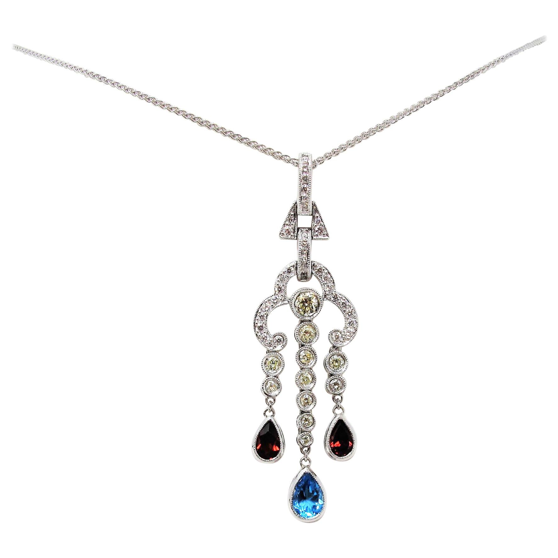 Diamond, Blue Topaz and Garnet Chandelier Drop Pendant Necklace 18 Karat Gold For Sale