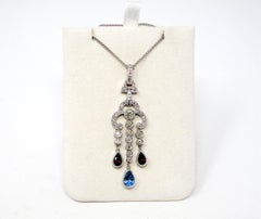Diamond, Blue Topaz and Garnet Chandelier Drop Pendant Necklace 18 Karat Gold