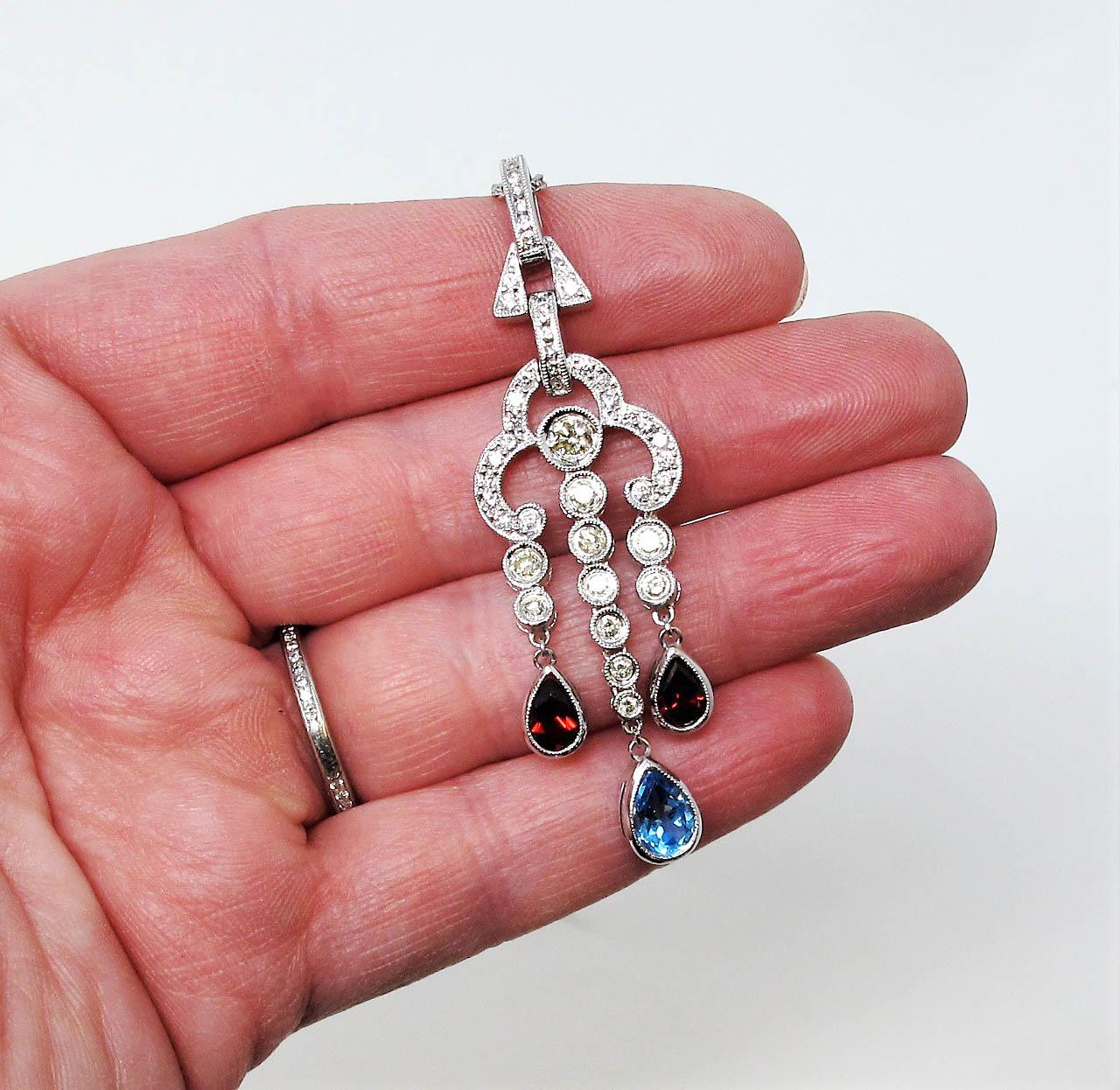 Contemporary Diamond, Blue Topaz and Garnet Chandelier Drop Pendant Necklace 18 Karat Gold For Sale