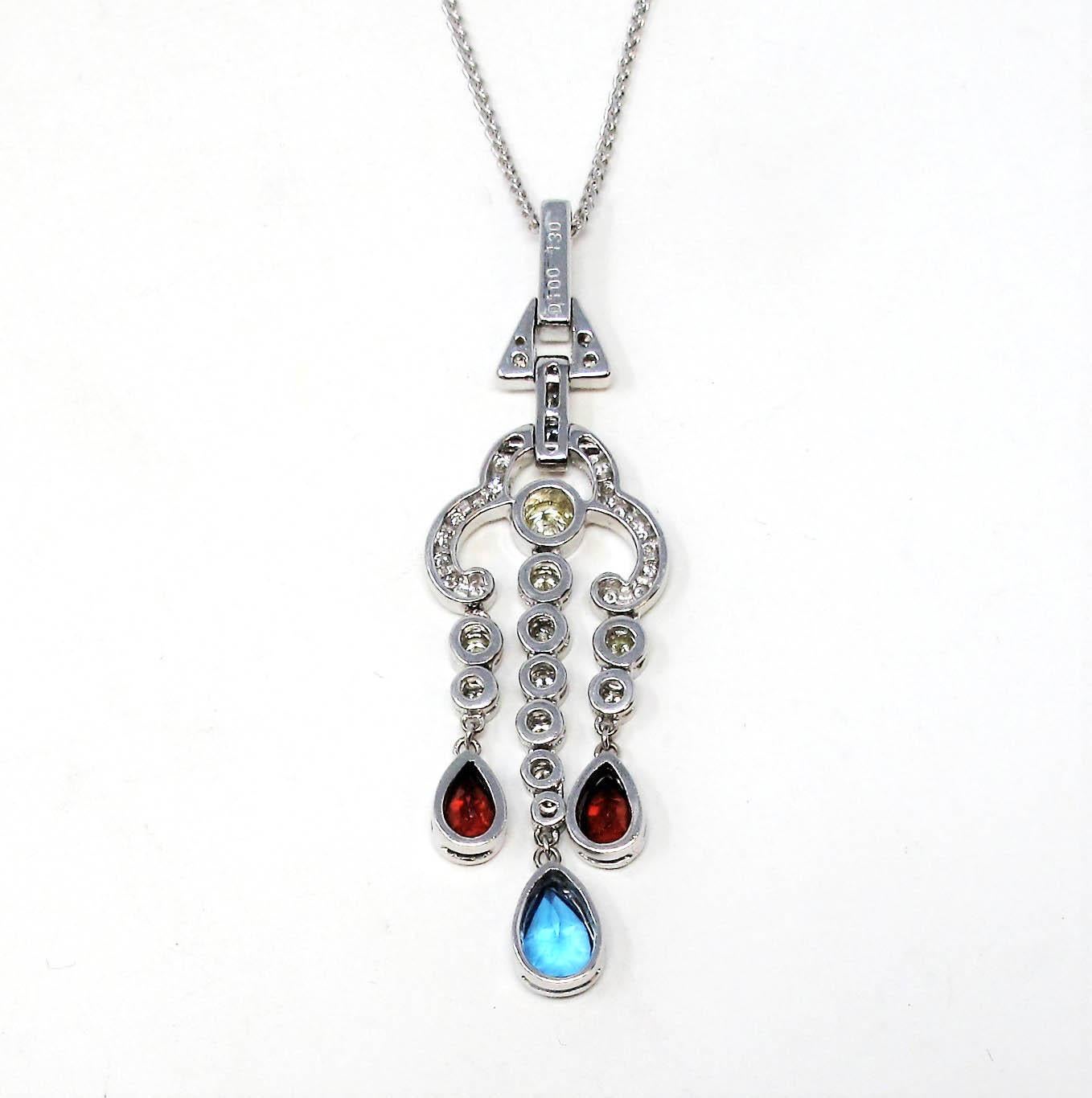 Pear Cut Diamond, Blue Topaz and Garnet Chandelier Drop Pendant Necklace 18 Karat Gold For Sale