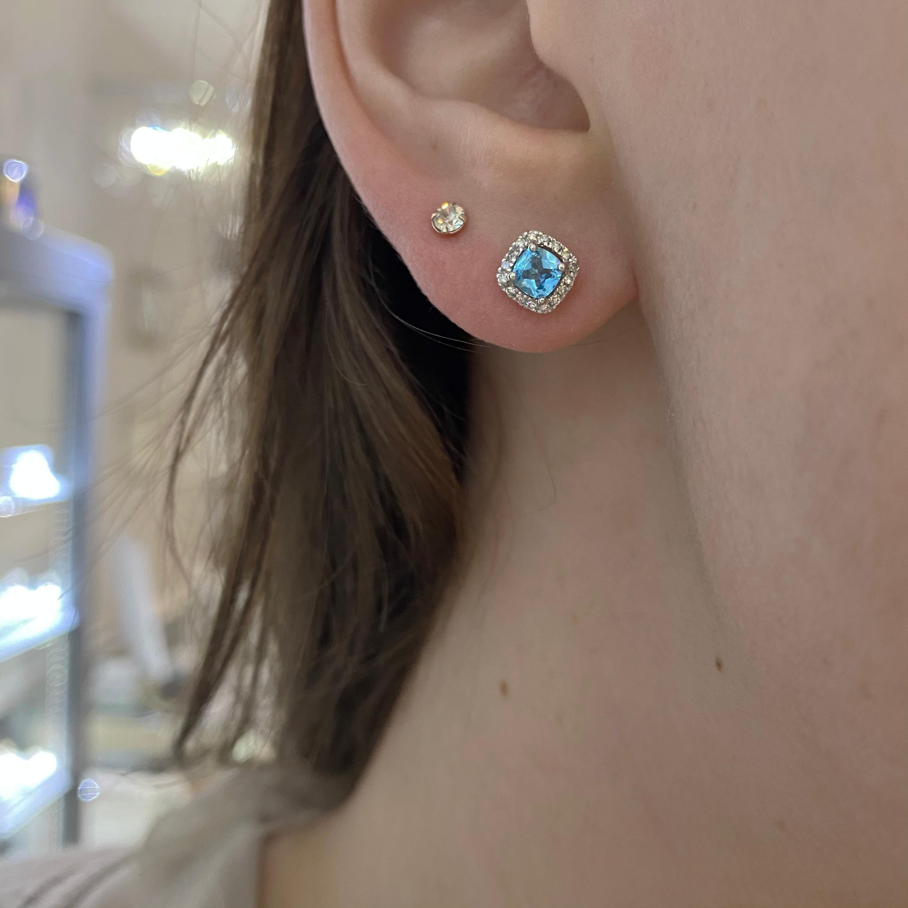 The details for these gorgeous earrings are listed below:
Metal Quality: Sterling Silver
Earring Type: Stud 
Diamond Number: 16
Diamond Total Weight:  .10 carat
Diamond Clarity: VS2 (excellent, eye clean)
Diamond Color: G (excellent, near