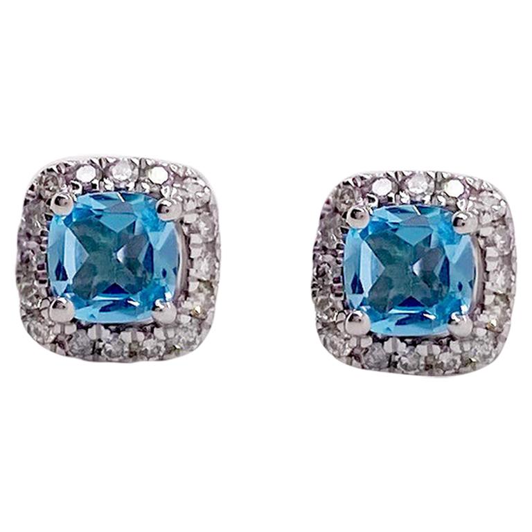 Diamond Blue Topaz Earrings w Cushion Topaz and Diamond Halo Earrings Sterling For Sale