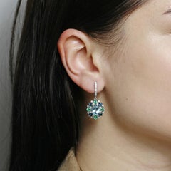 Diamond Blue Topaz Rare Emerald 18 Karat White Gold Dangle Drop Earrings