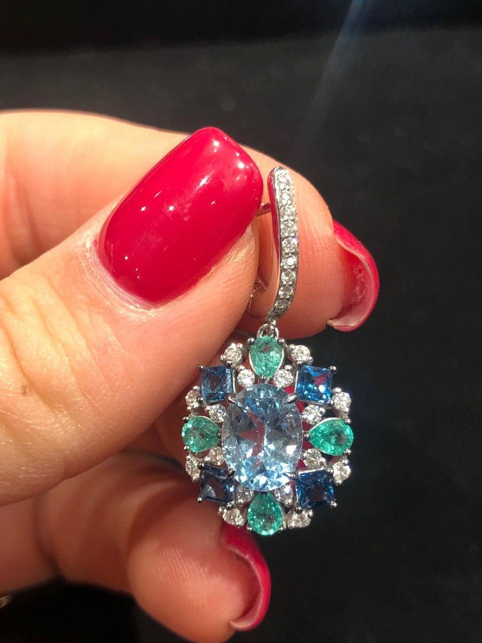 Round Cut Diamond Blue Topaz Rare Emerald 18 Karat White Gold Dangle Drop Earrings For Sale