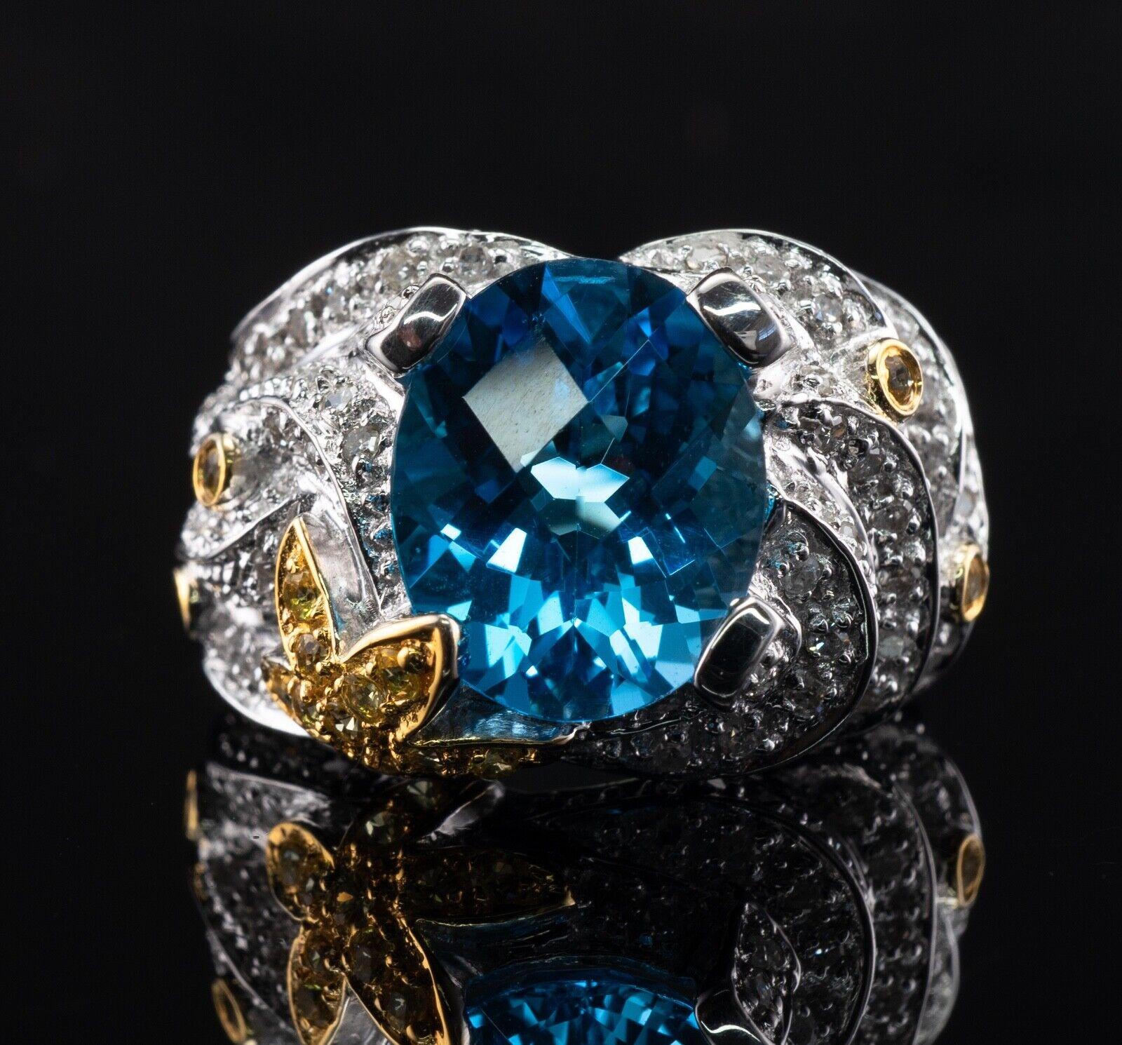 Diamond Blue Topaz Ring 14K White Gold Cocktail For Sale 2
