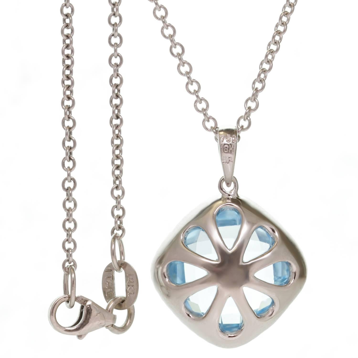 Diamond Blue Topaz White Gold Pendant Necklace In Excellent Condition In New York, NY