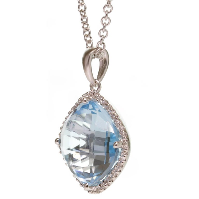 Diamond Blue Topaz White Gold Pendant Necklace For Sale at 1stDibs