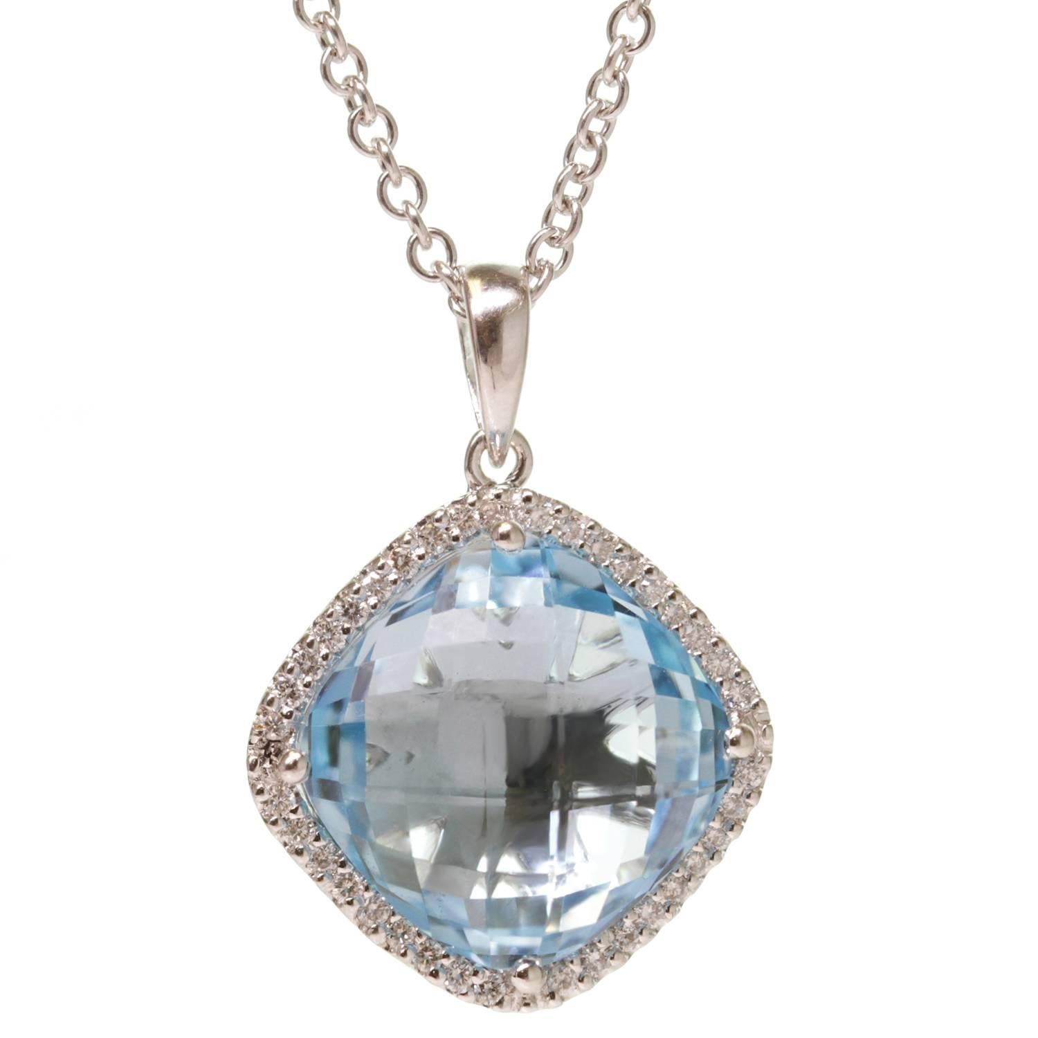 Diamond Blue Topaz White Gold Pendant Necklace