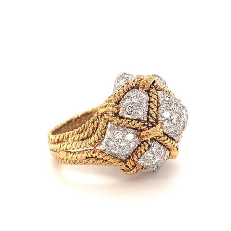 Round Cut Diamond Bombe 18K Yellow Gold and Platinum Ring, Circa 1960s For Sale