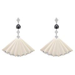18k White Gold Argyle Blue Diamond Black Diamond Bone Fan Earrings