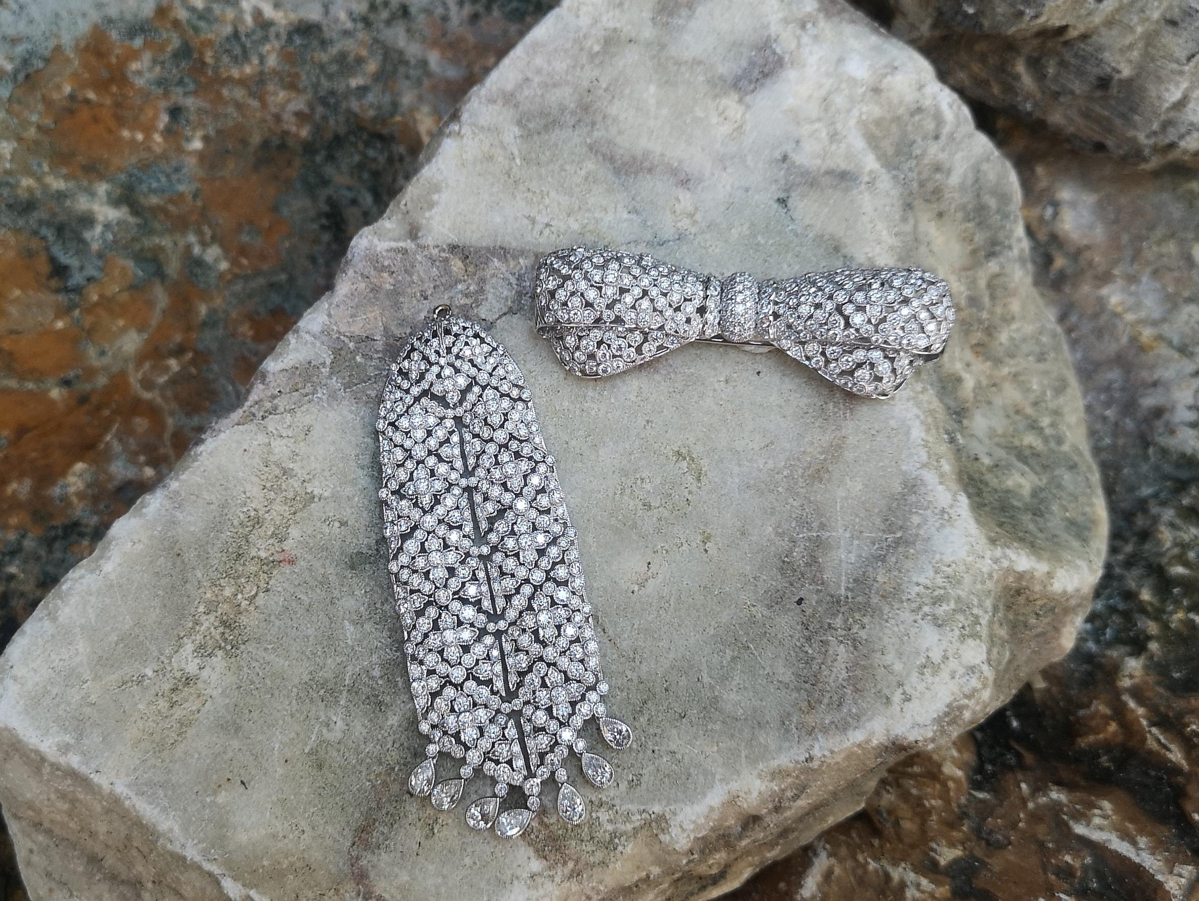 Women's or Men's Diamond Bow Detachable Tassel Brooch Set in 18 Karat White Gold Settings For Sale