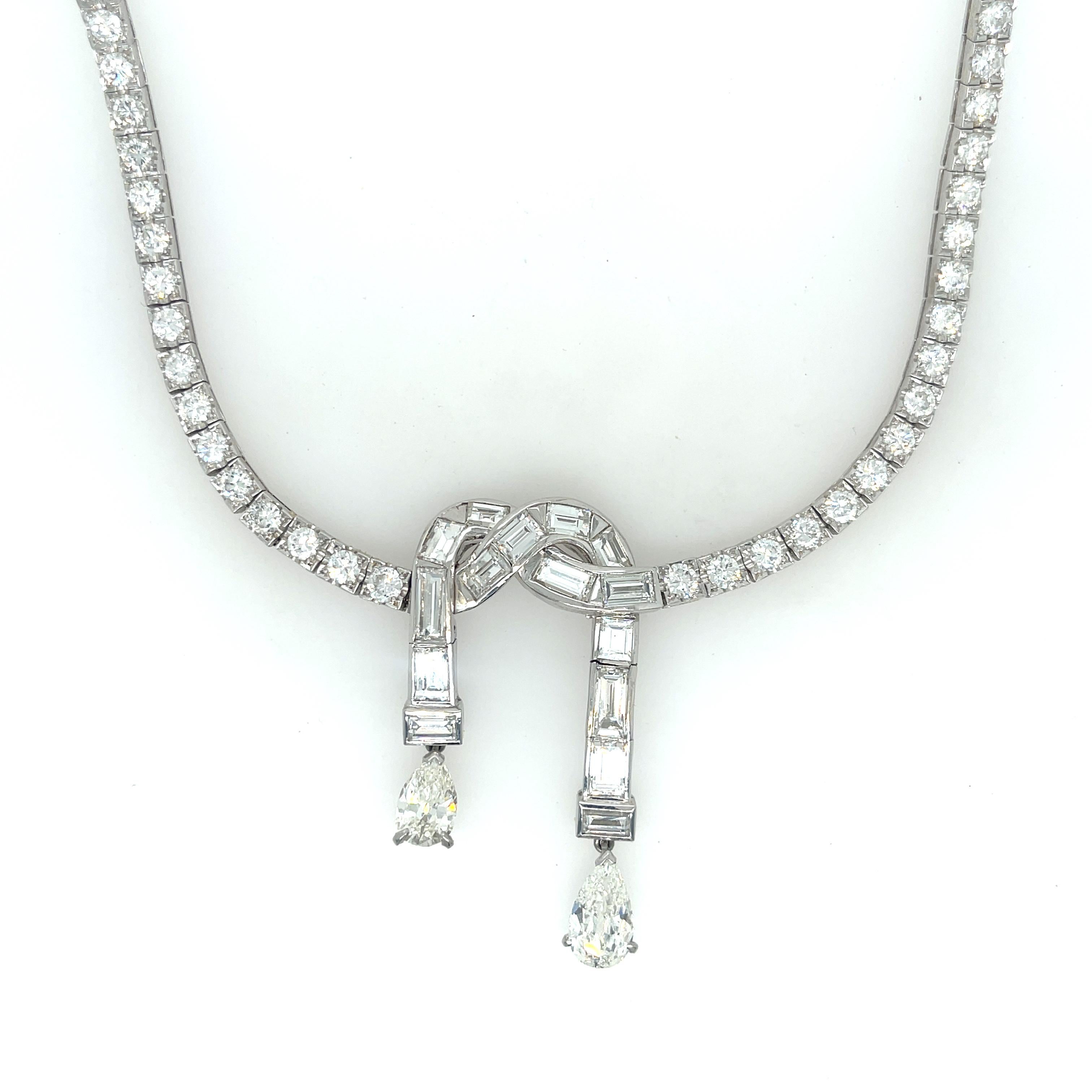 Pear Cut Diamond Bow Drop Necklace Platinum