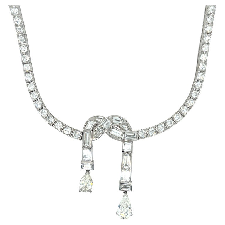 Diamond Bow Drop Necklace Platinum For Sale at 1stDibs