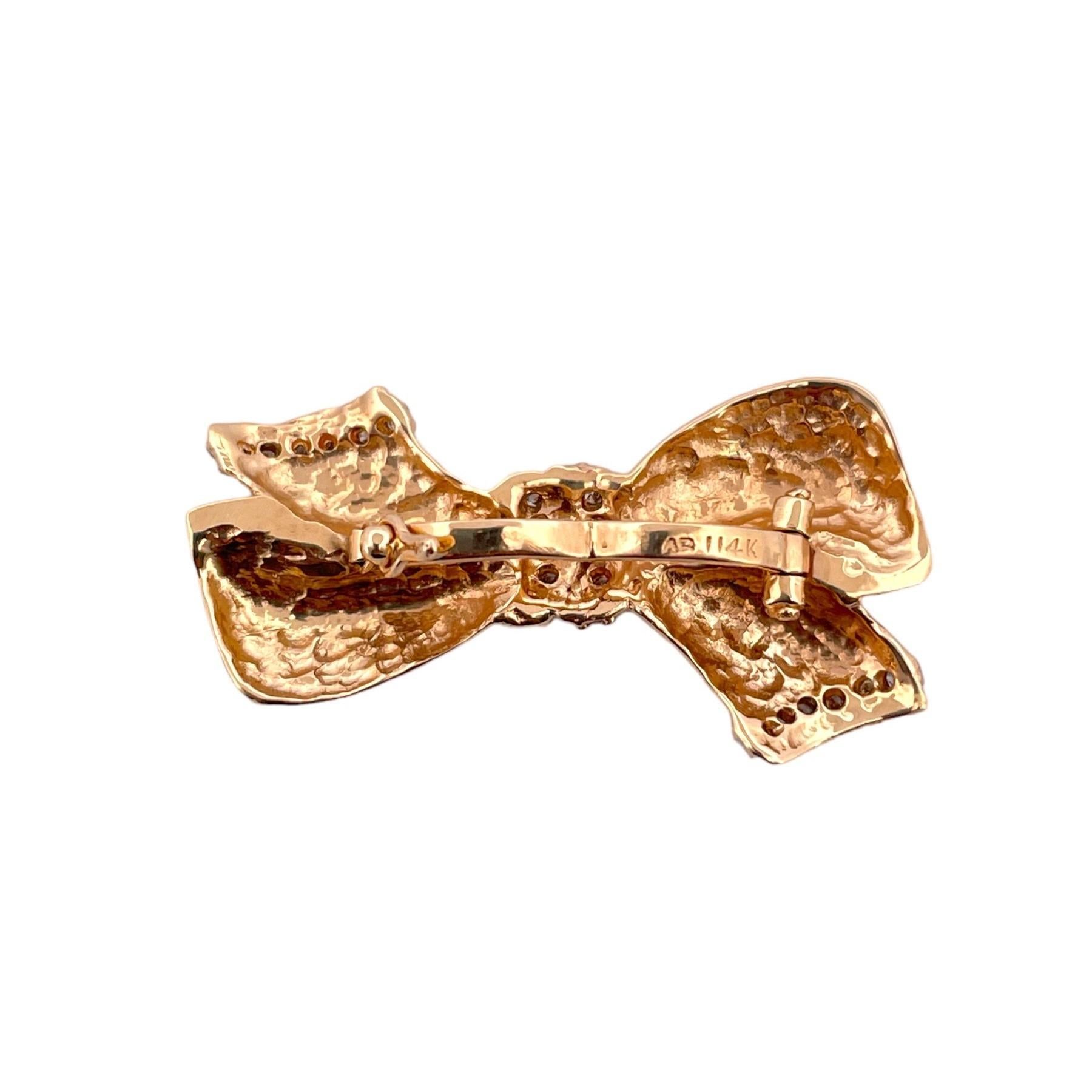 Round Cut Diamond Bow Pendant - 14K Yellow Gold For Sale