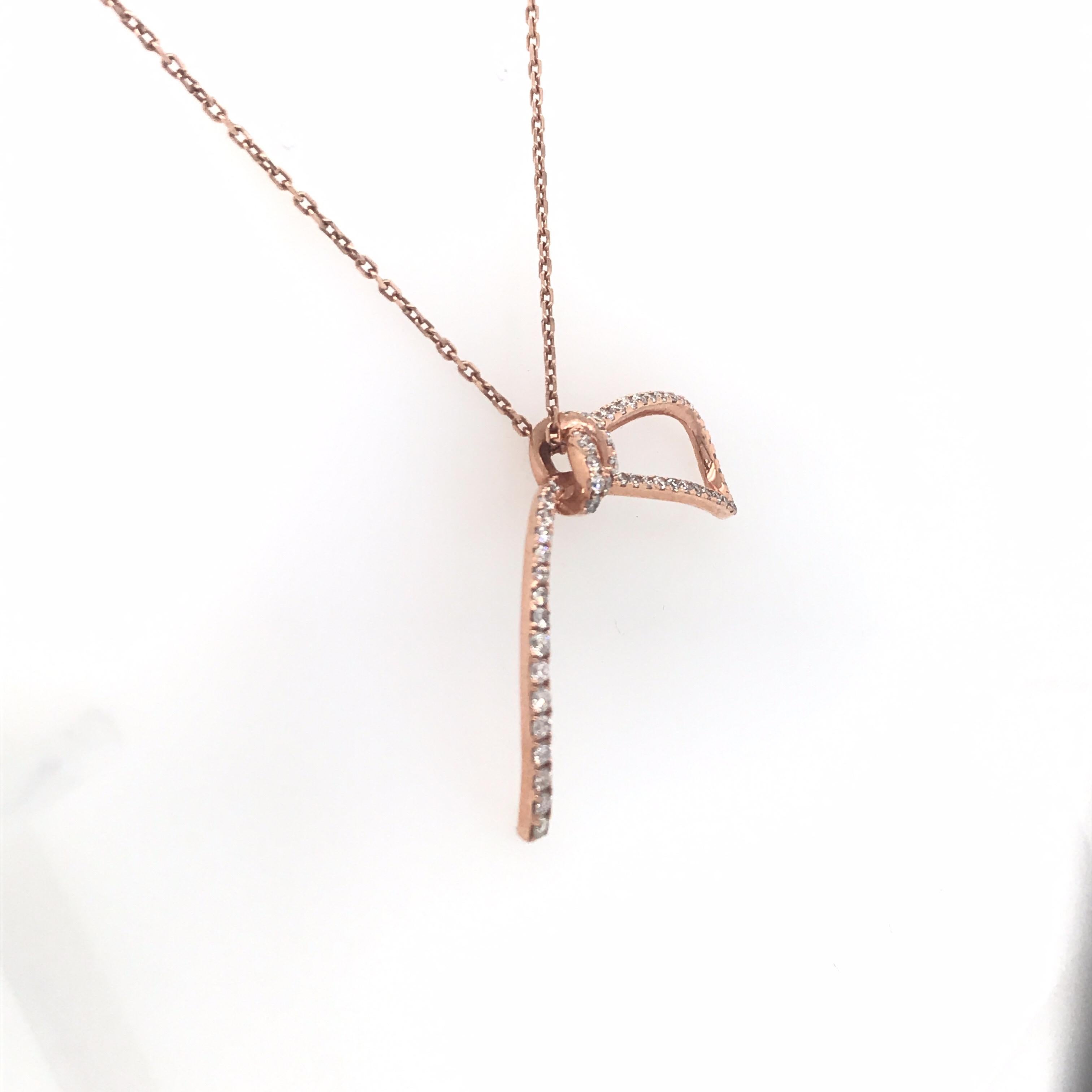 Round Cut Diamond Bow Pendant Necklace 0.88 Carat 14 Karat Rose Gold