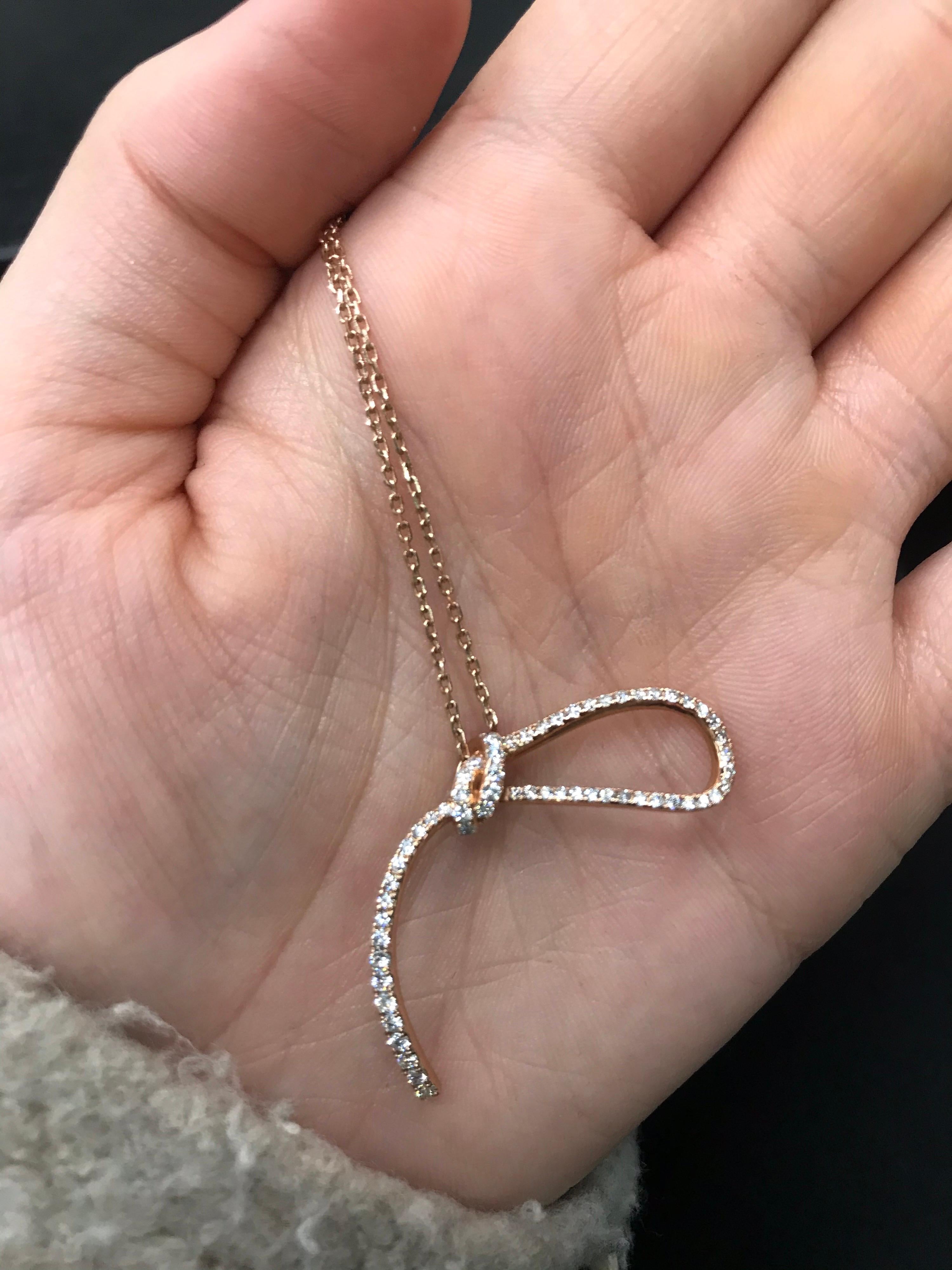 Diamond Bow Pendant Necklace 0.88 Carat 14 Karat Rose Gold In New Condition In New York, NY