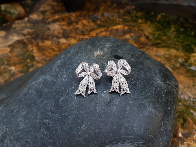 Diamond Bow Ribbon Earrings set in 18 Karat White Gold Settings For