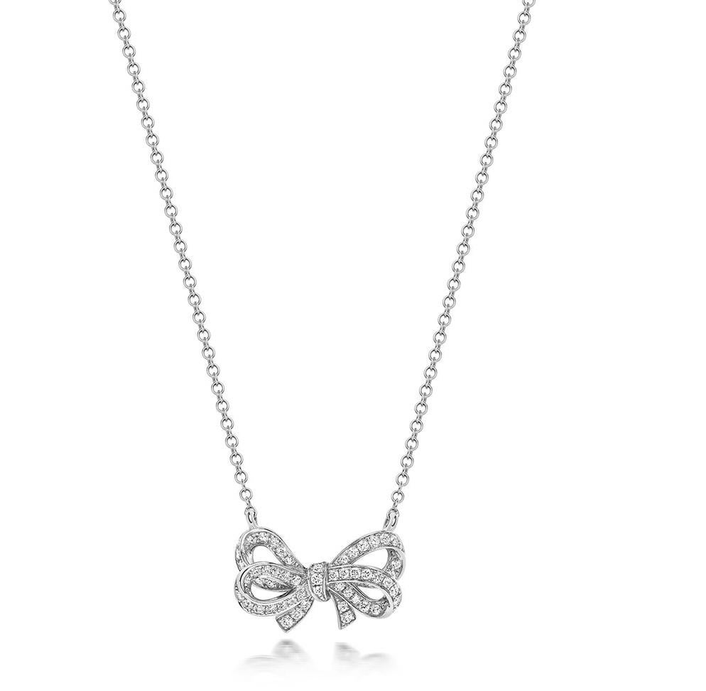 Women's DIAMOND BOW Ribbon Knot NECKLACE IN 18CT WHITE GOLD For Sale